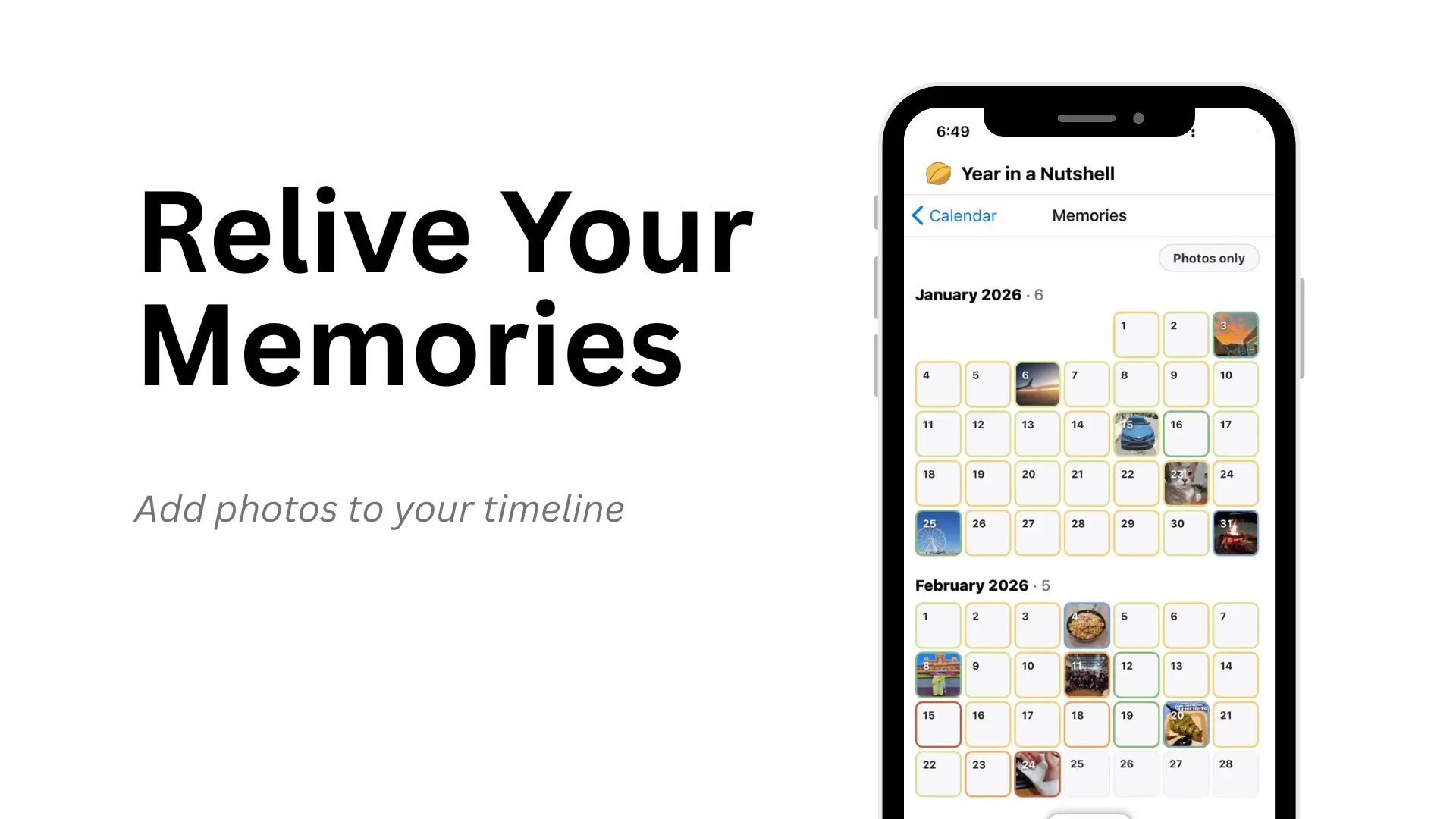 Photo memories calendar view showing daily images in a timeline in Yian app